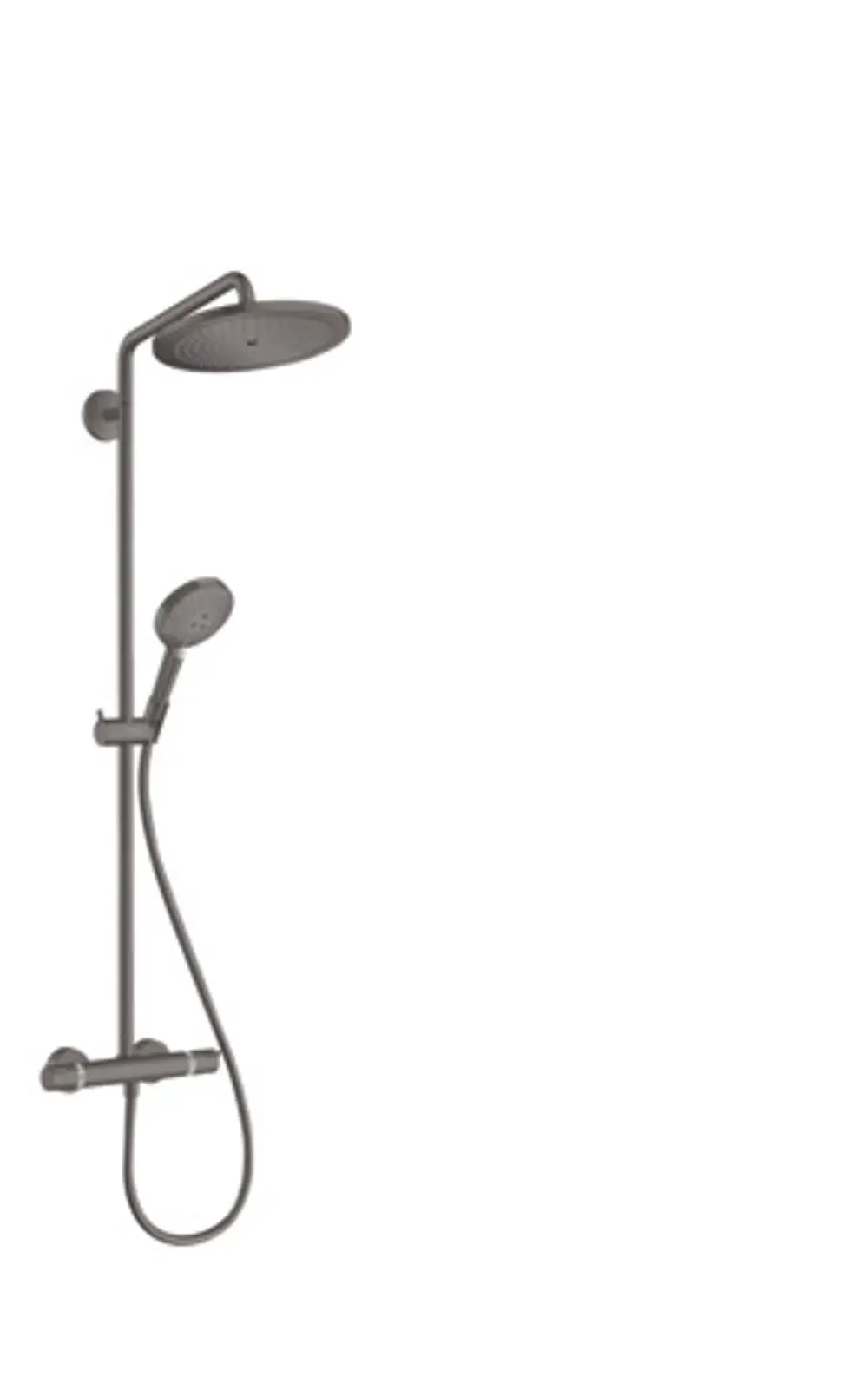 Hansgrohe Duschsystem mit Kopfbrause und Handbrause in Brushed Black Chrome. Integriertes Thermostat und flexible Schlauchführung.
